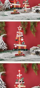 Details of festive wooden Christmas tree ornaments with Santa and Snowman characters.