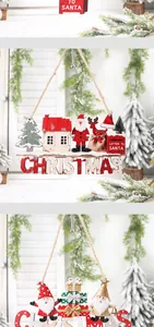 Detailed view of wooden Christmas hanging ornaments with Santa and reindeer motifs
