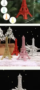Glittery Eiffel Tower Christmas ornaments in multiple colors with 15.5cm size annotations.