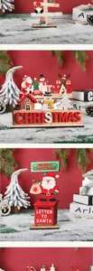 Detailed view of wooden Christmas tabletop signs featuring Santa, snowman, and reindeer.