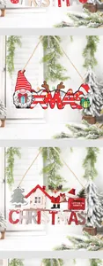 Detailed view of wooden Christmas hanging signs with XMAS and Santa Claus mailbox motifs.