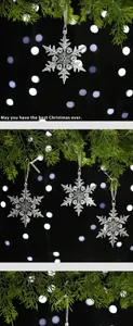Detail view of transparent acrylic snowflake ornaments hanging on a Christmas tree.