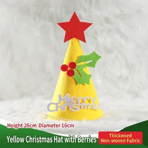 Yellow felt Christmas hat with red star and holly berries for DIY party decoration