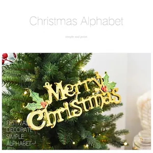 Merry Christmas Plastic Hanging Letter Sign 3D Gold Silver Metallic Glitter Plate Ornament With Holly Berries For Christmas Tree Holiday Home Decor