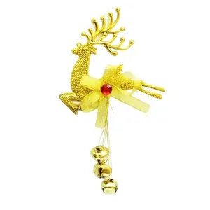 Golden electroplated reindeer Christmas hanging ornament with bells and red gem detail