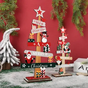 Wooden Christmas tree desktop ornaments with festive characters and Merry Christmas greetings