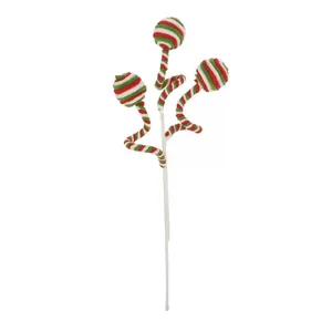 Detailansicht der rot-grün gestreiften Weihnachts-Plüsch-Picks im Lutscher-Spiraldesign