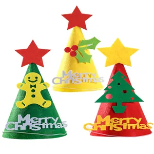 Set of three DIY felt Christmas hats in green, yellow, and red with festive decorations