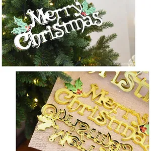 Festive Merry Christmas hanging signs in gold and silver for Christmas tree decoration