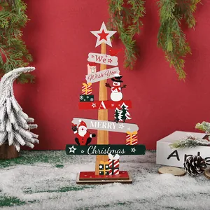 Handcrafted wooden Christmas tree tabletop ornament with festive Merry Christmas message