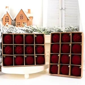 Set of 12 flocked burgundy Christmas balls with 6cm diameter for tree decoration.