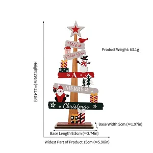 Wooden Christmas tree desktop ornament featuring Merry Christmas signs and festive characters