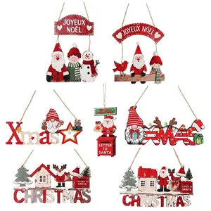 Christmas Wood Hanging Poplar Wood Santa Elk Gnome Pattern Door Wall Pendant Holiday Home Indoor Xmas Ornament Gift