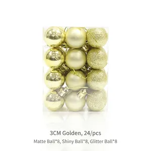 Detailed view of 24pcs 3cm gold Christmas balls in matte, shiny, and glitter