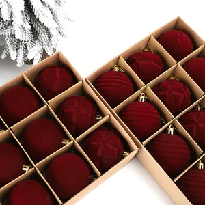 Set of 12 flocked burgundy Christmas ball ornaments 6cm in a kraft paper gift box