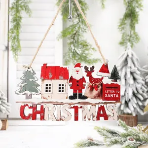 Rustic wooden Christmas door hanging decoration with Santa, reindeer and tree motifs