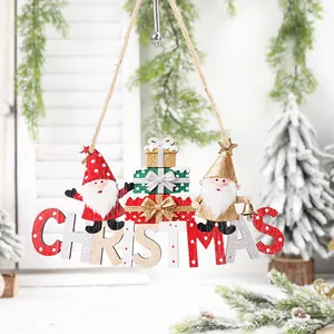 Festive wooden Christmas hanging sign with Santa gnomes and gift boxes for home decor