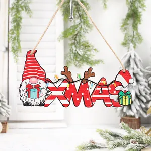 Wooden Christmas gnome XMAS door hanging sign for festive indoor holiday home decor.