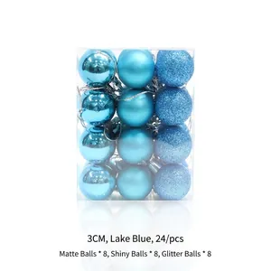 Detailed view of 24pcs 3cm lake blue Christmas balls in matte, glossy and glitter finishes