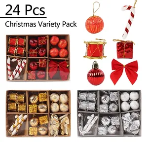 Juego de Adornos de Navidad Dorado Rojo Plateado Decoración para Árbol con Caja de Papel Kraft Bolas Lazos Decoración