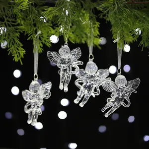 Set of four transparent acrylic angel ornaments hanging on a decorative Christmas tree branch.