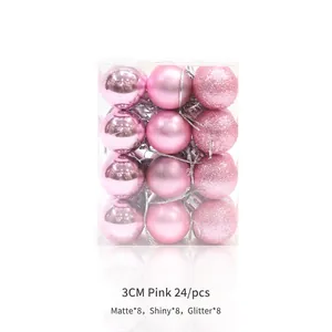 Detailed view of 24pcs 3cm pink Christmas balls in matte, shiny, and glitter finishes