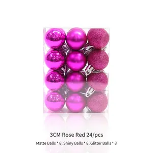 Set of 24 rose red 3cm Christmas ornaments in shiny, matte, and glitter finishes