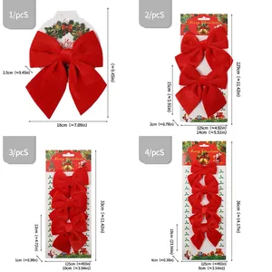 Set of red velvet Christmas bows in multiple sizes for holiday tree and home decoration