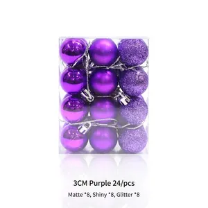Detailed view of 24pcs purple Christmas ornaments in matte, glossy, and glitter finishes