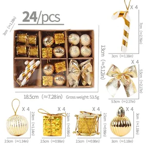 Juego de 24 adornos navideños dorados con bolas, lazos y bastones de caramelo.