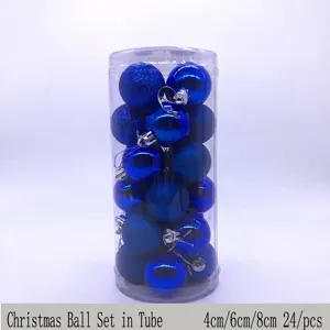 Detailed view of 24pcs blue Christmas ball ornaments in a clear tube