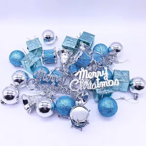32pcs blue and silver Christmas ornament set with balls, bells, and gift boxes