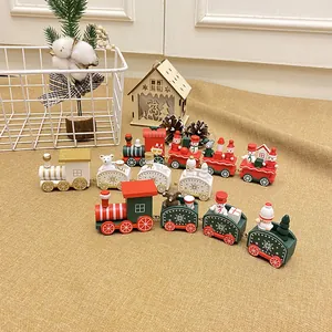 Christmas Wooden Train Ornament Four Section Festive Tabletop Decoration Kids Gift Painted Mini Train For Holiday Home Decor