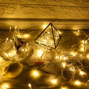 Close-up view of warm yellow LED fairy lights glowing in a cozy lifestyle setting