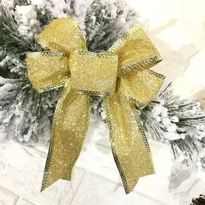 Fiocco natalizio glitterato oro da 12 cm per decorazione di alberi e ghirlande