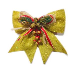 Fiocco natalizio glitterato oro con pigne, aghi di pino e bacche rosse decorativo