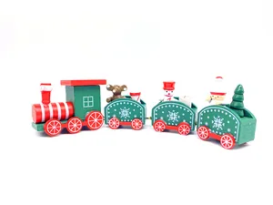 Detailed side view of a four-section miniature wooden Christmas train toy decoration