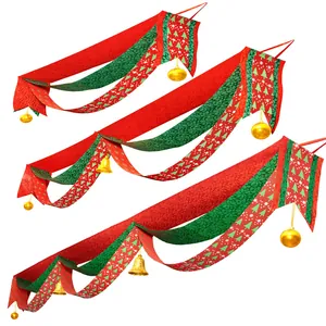 Christmas Wave Flag Garland Decoration Red Green Gold Fabric Banner With Bells For Hotel Mall Ceiling Festive Party Decor