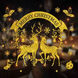 Detailed view of golden glitter Christmas reindeer static window stickers for festive decor
