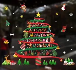 Colorful Christmas tree static cling window decal with ribbon design and festive icons