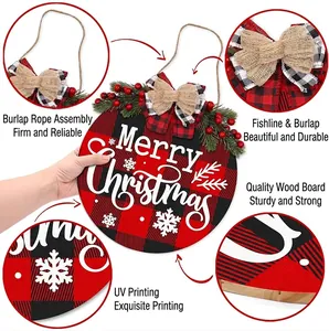 Detailed view of wooden Merry Christmas door sign showing rope, bow, and UV printing texture