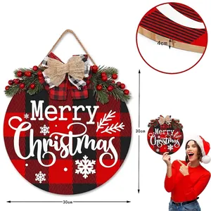 Detail of 30cm Christmas wooden door sign with red plaid and Merry Christmas text