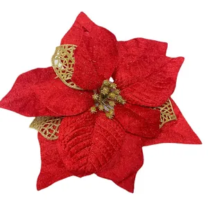 Fleur de poinsettia de Noël artificielle en velours rouge avec paillettes d'or 22cm
