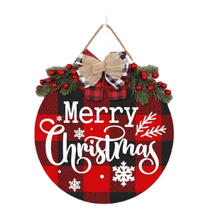 Round wooden Merry Christmas door sign with red buffalo plaid and rustic bow decoration.