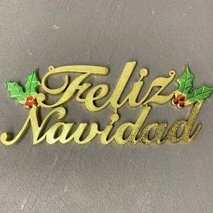 Gold glitter Feliz Navidad hanging sign decoration with holly leaves for Christmas tree