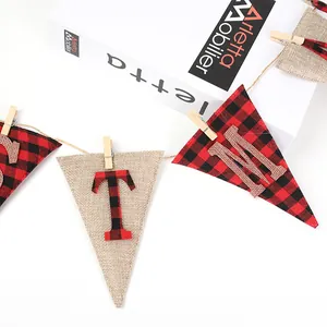 Red and black buffalo plaid burlap Christmas bunting flags with letters and wooden clips