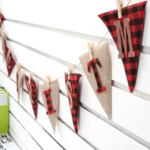 Rustic Christmas burlap banner with red plaid triangle flags for holiday decor