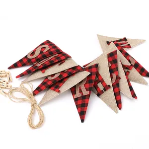 Red plaid and natural burlap Christmas triangle bunting banner for festive party decor