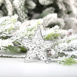 Élégante décoration de Noël en forme d'étoile argentée ajourée de 8 cm sur sapin enneigé