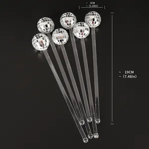 Set of 6 silver disco ball cocktail stirrers with 3cm mirror balls for party drinks